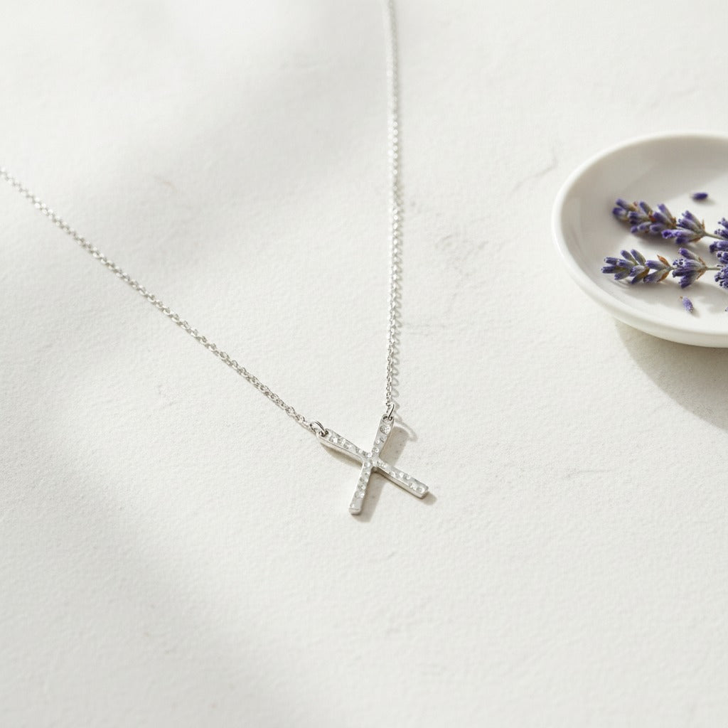 Textured X Pendant Necklace - Silver