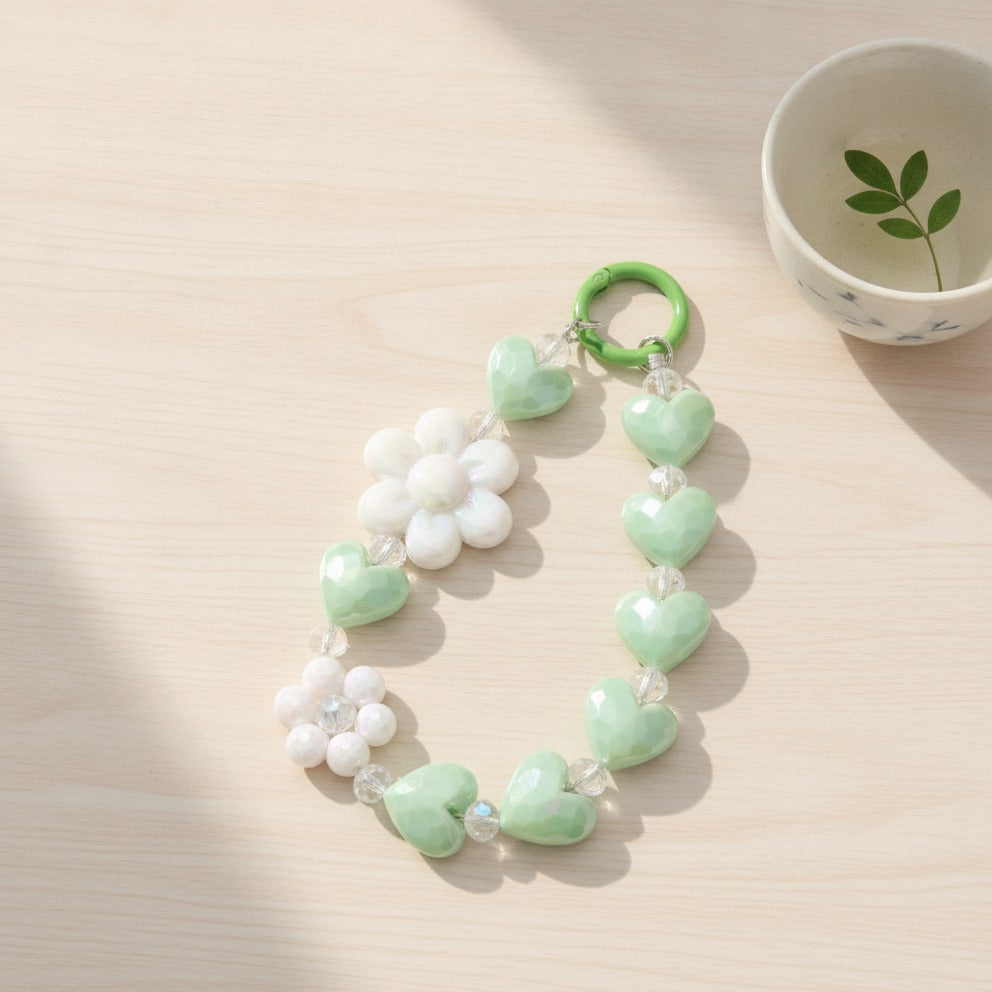 Beaded Heart Charm Keychain - Green