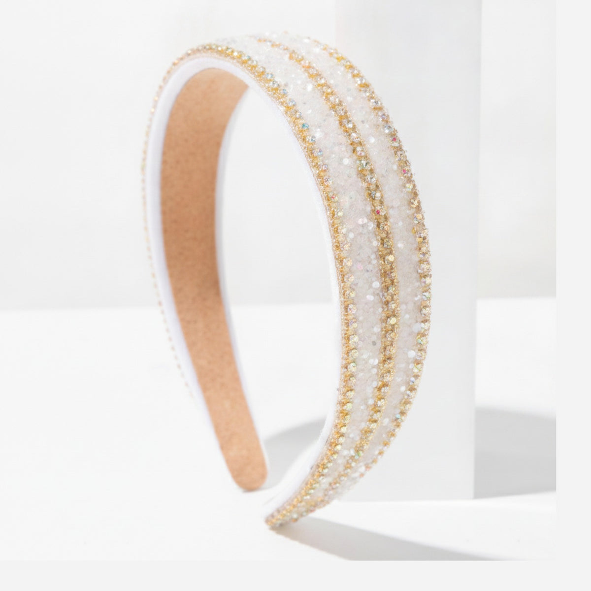 Beaded Rhinestone Padded Headband Gold White – hair accessories (view 1)