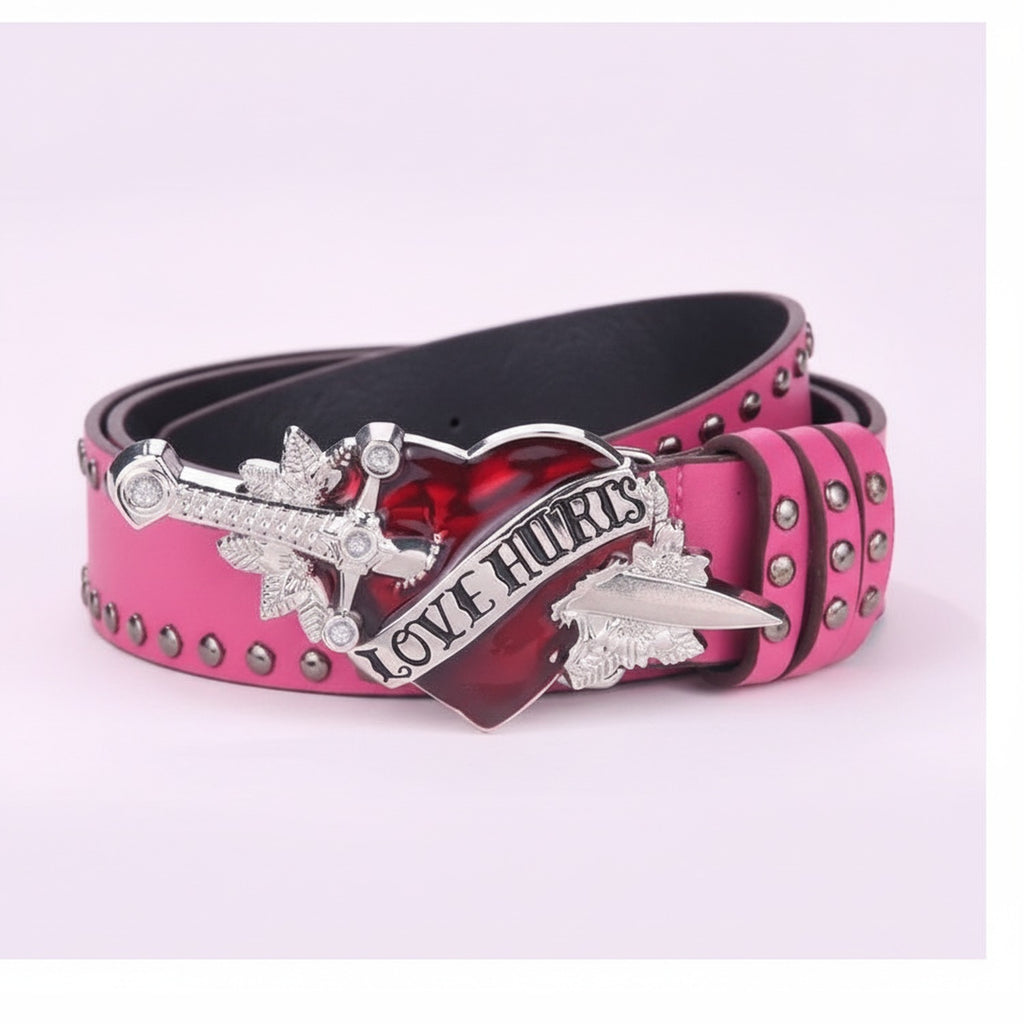 Pink Studded Heart Buckle Belt With Wings – scarves & belts (view 1)