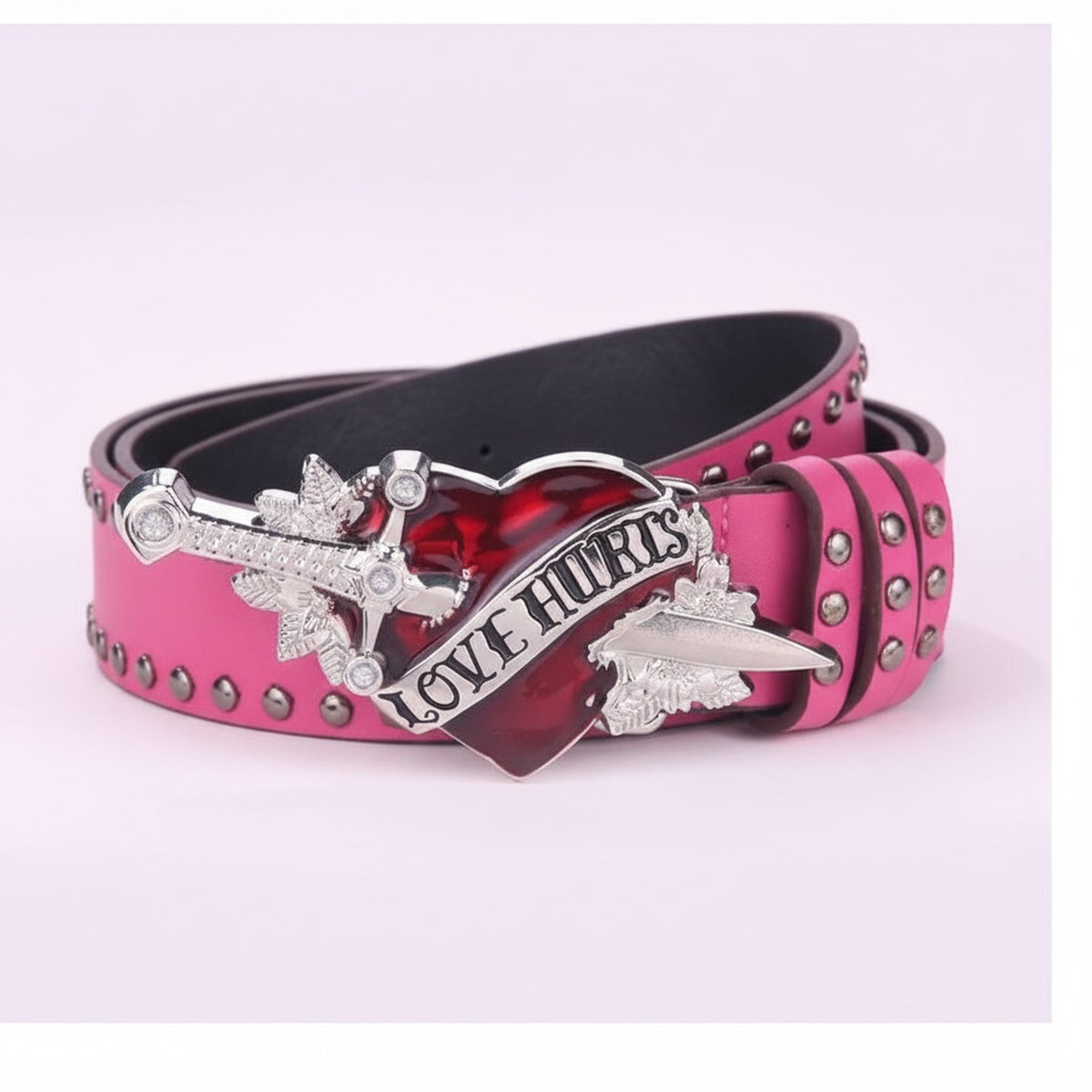 Pink Studded Heart Buckle Belt With Wings – scarves & belts (view 1)