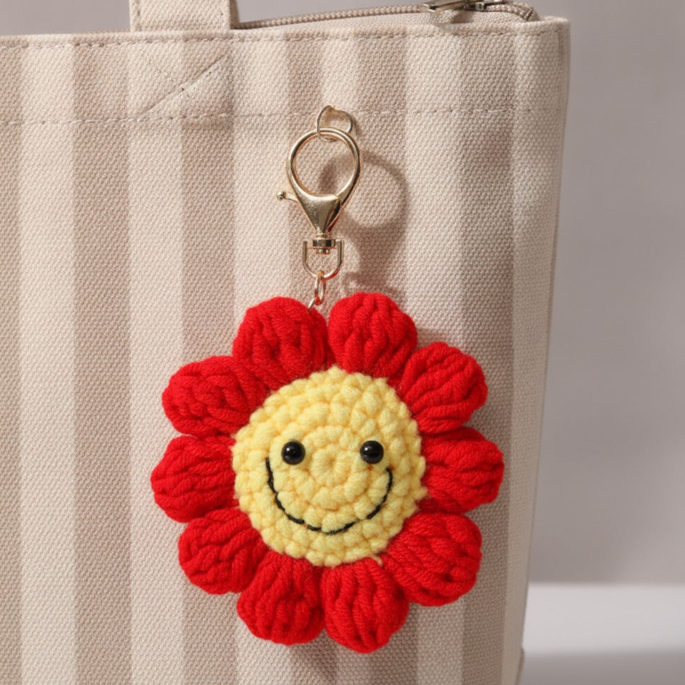 Smiley Flower Crochet Keychain - Red Smiley
