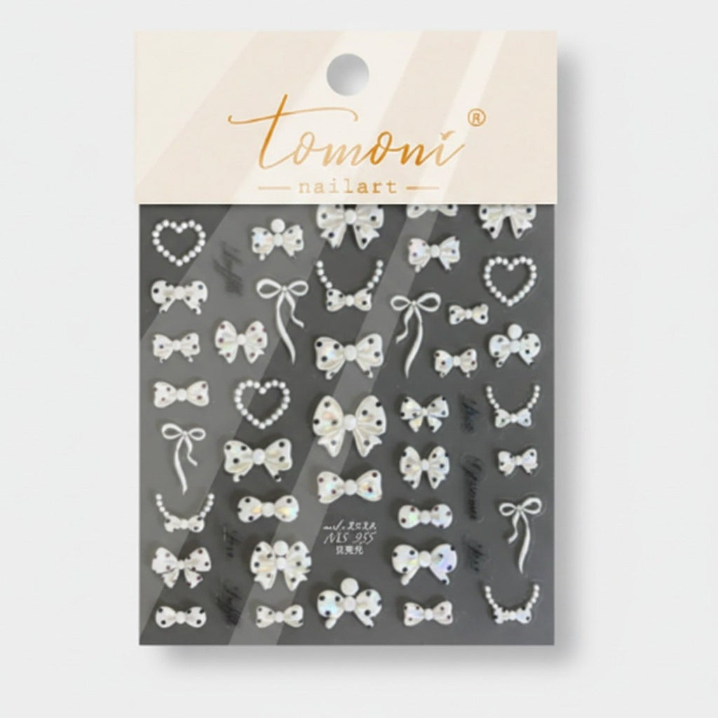 White Pearl Bow Heart Nail Art Stickers – Korean nail care (view 1)