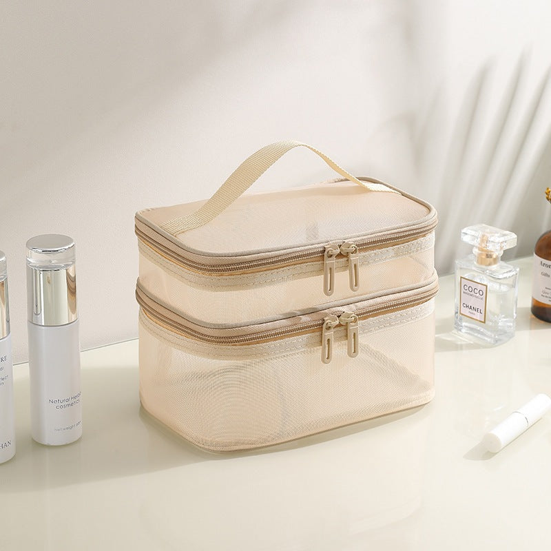 Large capacity double-layer mesh makeup bag - Beige