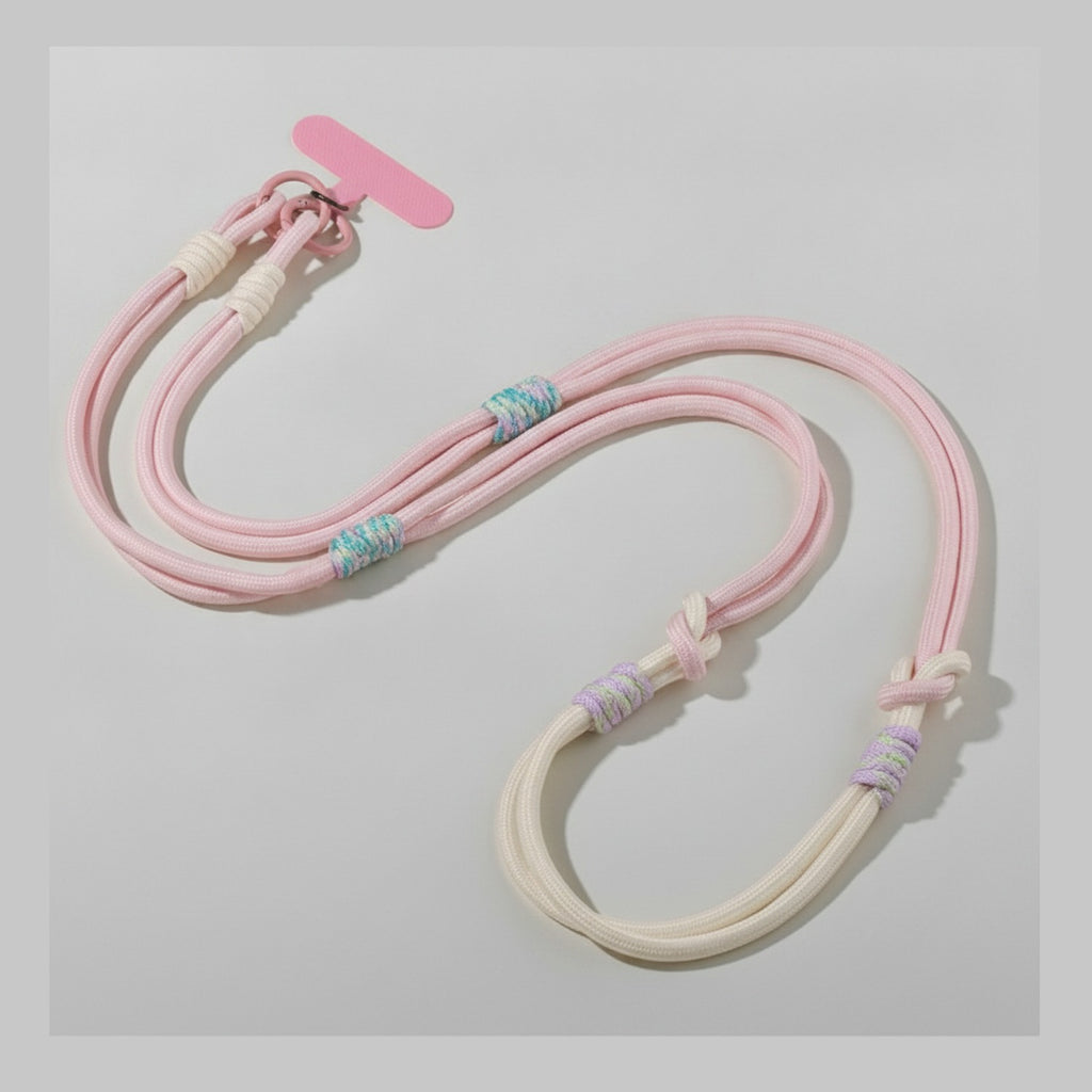 Rope Phone Strap With Beaded Detailing - Pink Beige Adjustable Crossbody/Lanyard/Wristlet – tech (view 1)