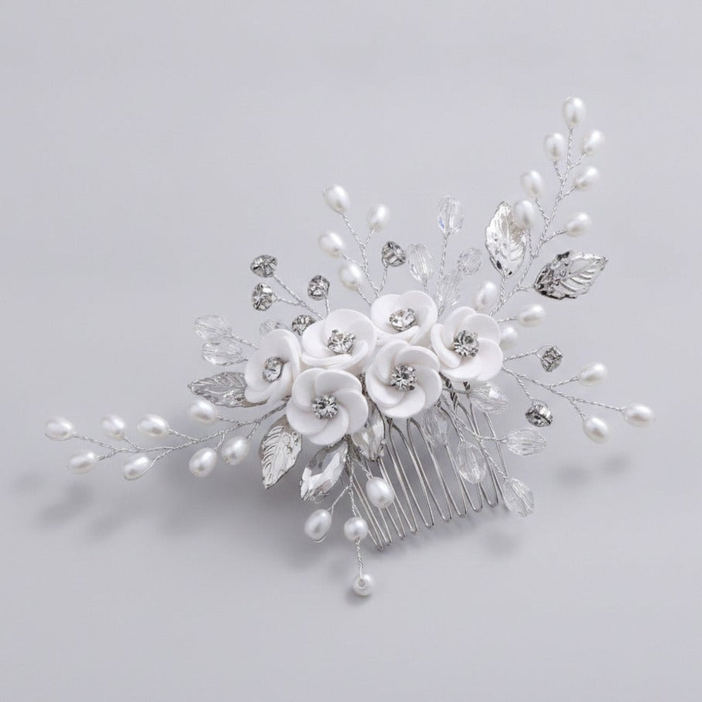 Pearl Flower Hair Comb Set - White Pearl