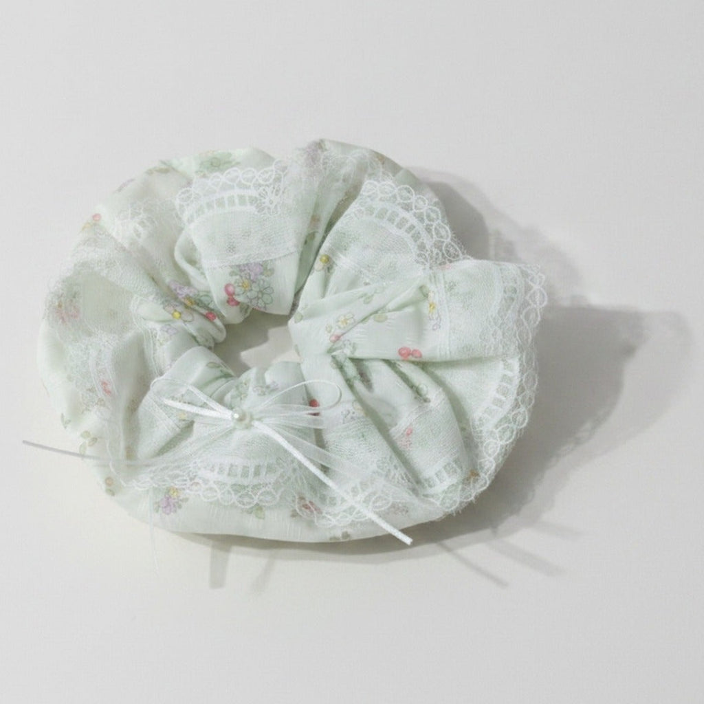 Sage Floral Lace Scrunchie with Bow – hair accessories (view 1)