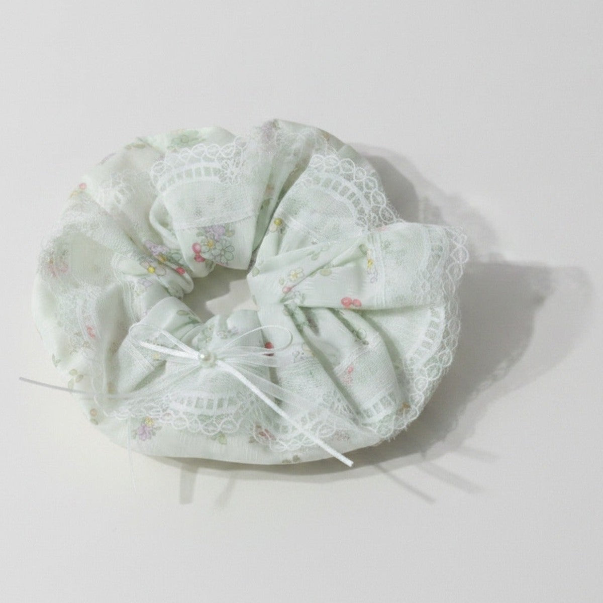Sage Floral Lace Scrunchie with Bow – hair accessories (view 1)