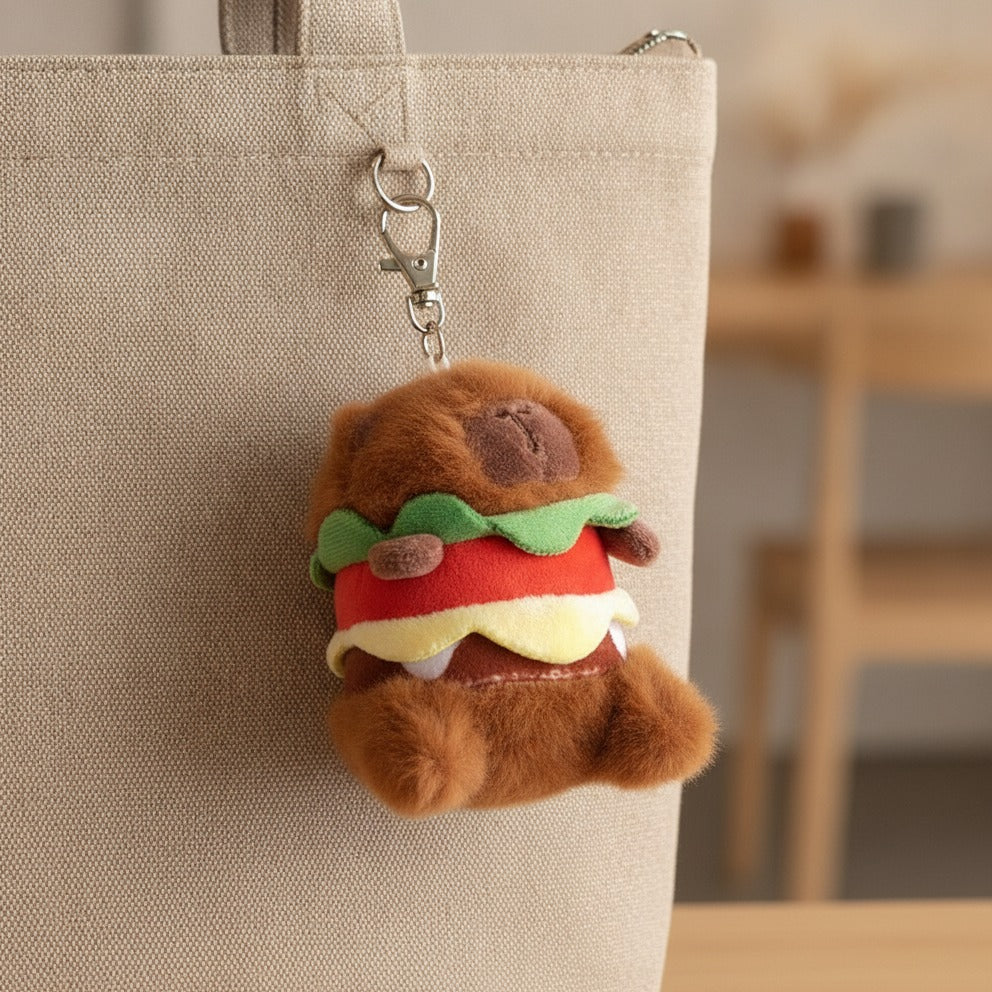Burger Capybara Plush Keychain - Coffee