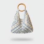 Cream Blue Crochet Tote Bag with Wooden Handle – bags & wallets (view 1)