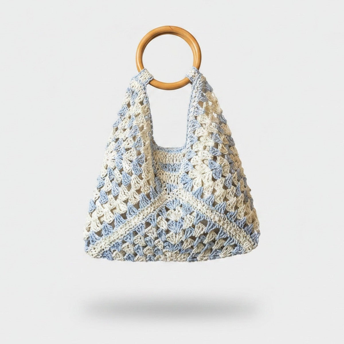 Cream Blue Crochet Tote Bag with Wooden Handle – bags & wallets (view 1)