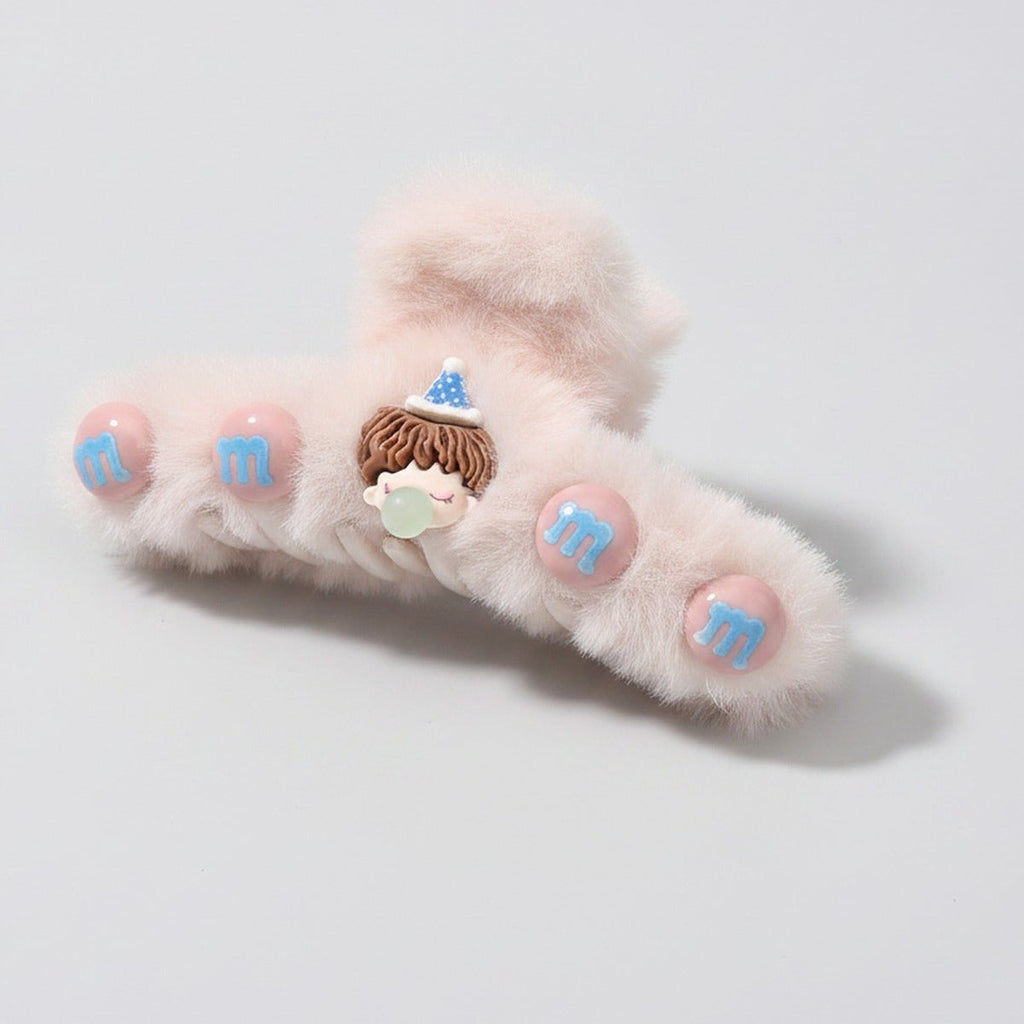 Fluffy Cream Hair Claw With Charm Accents – hair accessories (view 1)