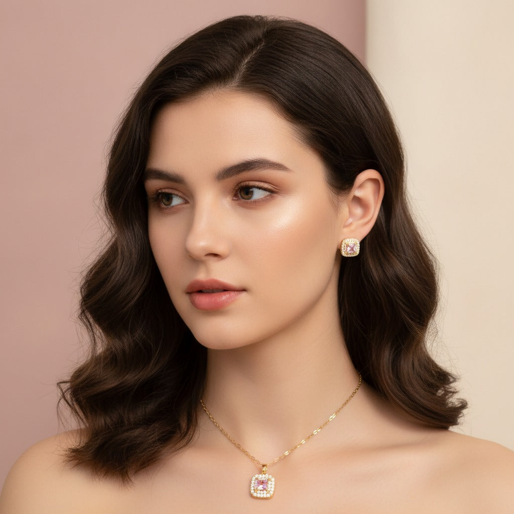 Square Crystal Pendant Necklace - Gold