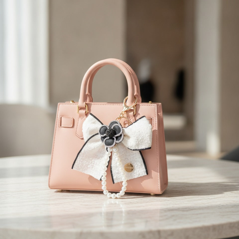 Pearl Bow Charm Keychain - White Bow