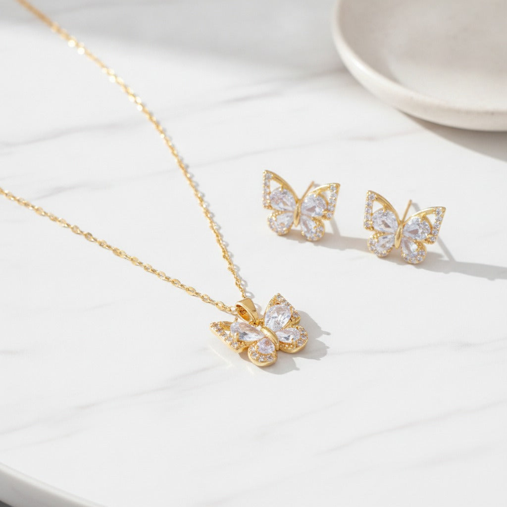 Butterfly Sparkle Necklace & Earring Set - Gold