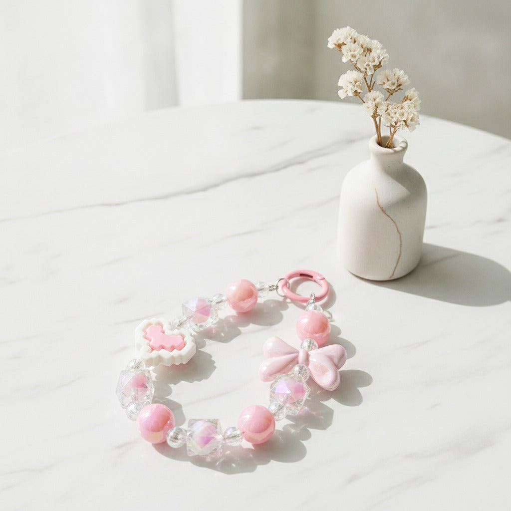 Iridescent Beaded Charm Keychain - Pink