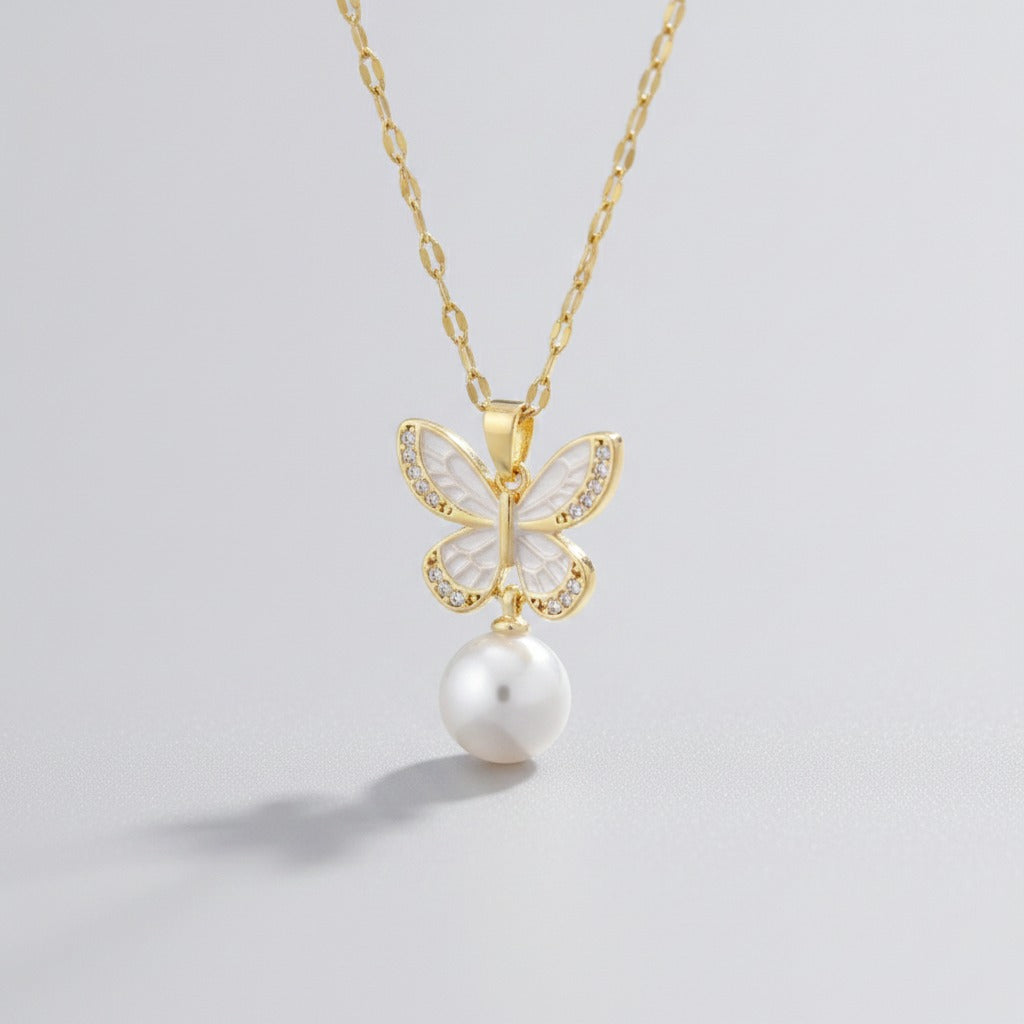 Butterfly Pearl Drop Necklace - Gold