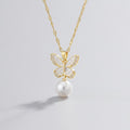 Butterfly Pearl Drop Necklace - Gold