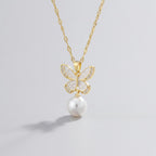 Butterfly Pearl Drop Necklace - Gold