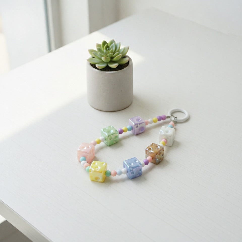 Pastel Dice Beaded Keychain - Rainbow Mix