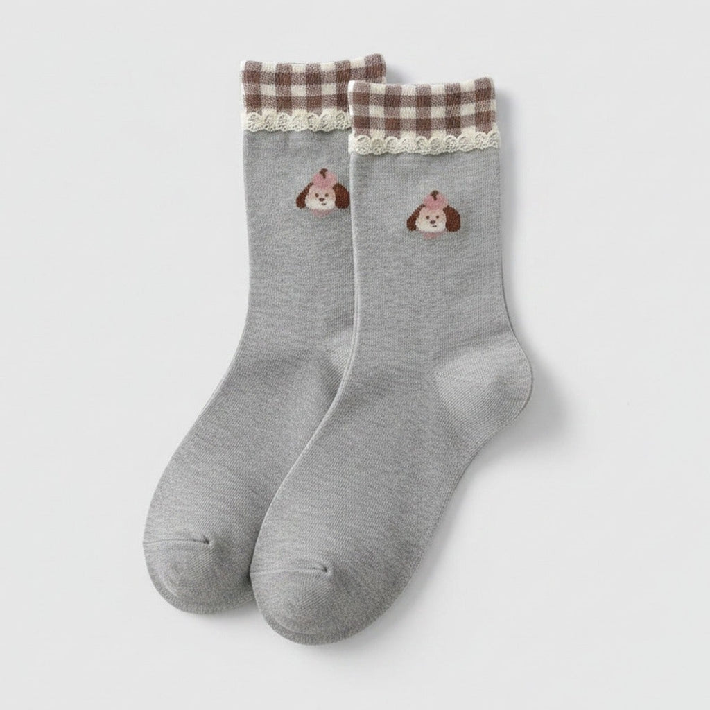 Gray Plaid Trim Puppy Crew Socks – apparel accessories (view 1)