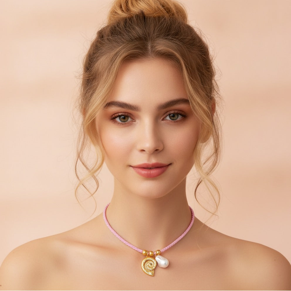 Starfish & Shell Charm Rope Necklace - Light Blue