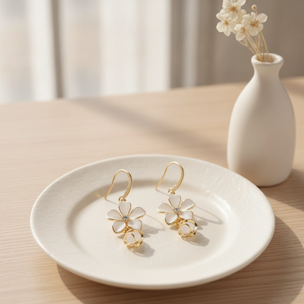 Flower Drop Dangle Earrings - White Pearl