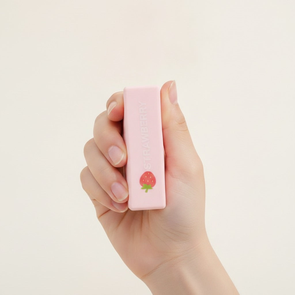 Pink Strawberry Novelty Block Eraser Set - squeeze in hand