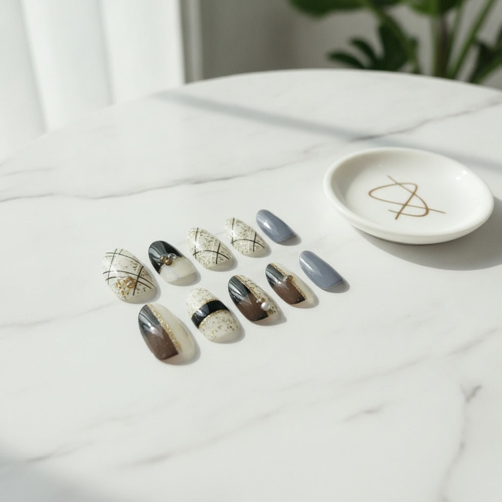 Luxe Geometric Press-On Nail Set - Cream & Grey