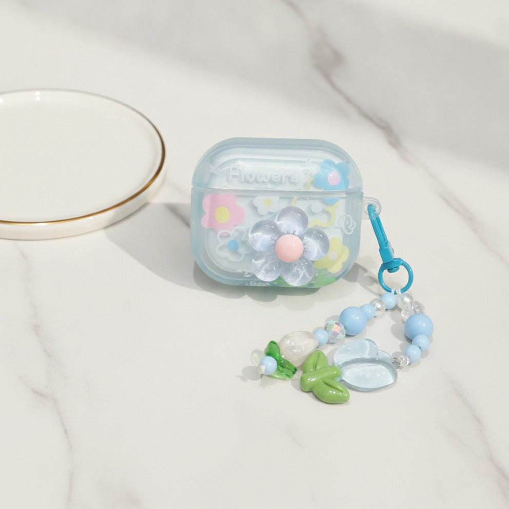 3D Flower AirPods Case with Beaded Charm - Blue Floral (for AirPods 3)
