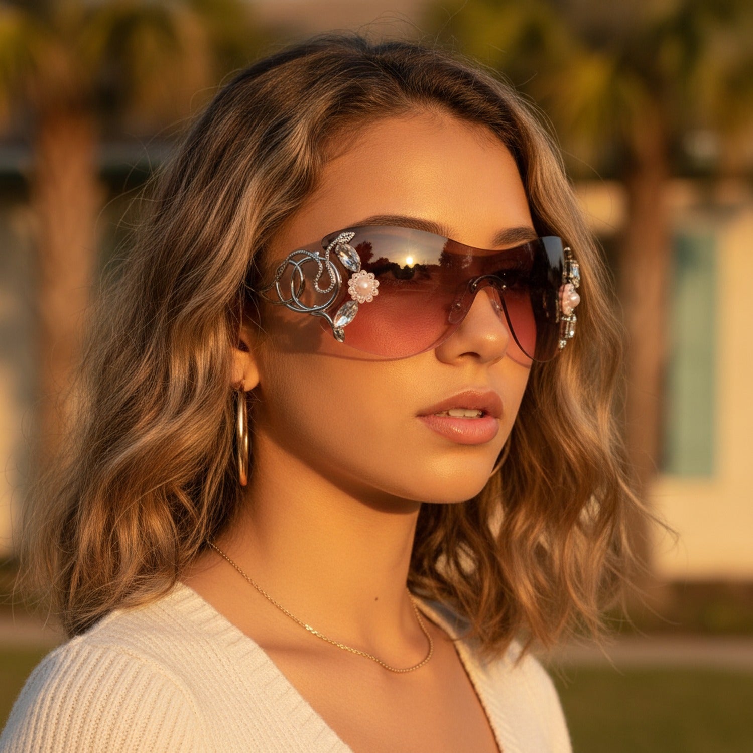 Jeweled Shield Sunglasses Pink Gradient