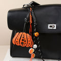 Halloween Pumpkin Leather Keychain Wooden Bead Bag Charm - Type 1