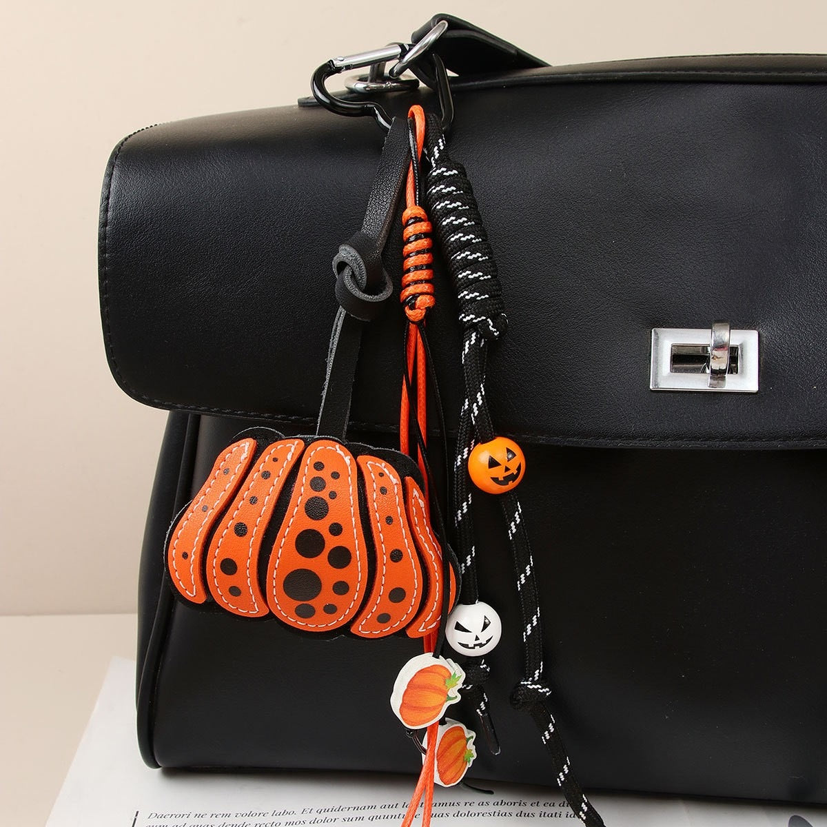 Halloween Pumpkin Leather Keychain Wooden Bead Bag Charm - Type 1