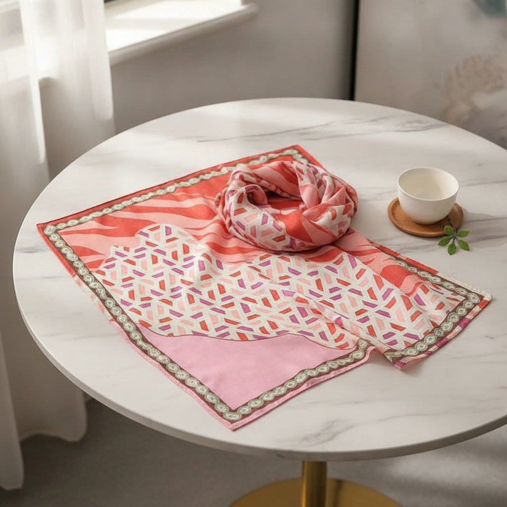 Pearl Border Silk Scarf - Coral Marble