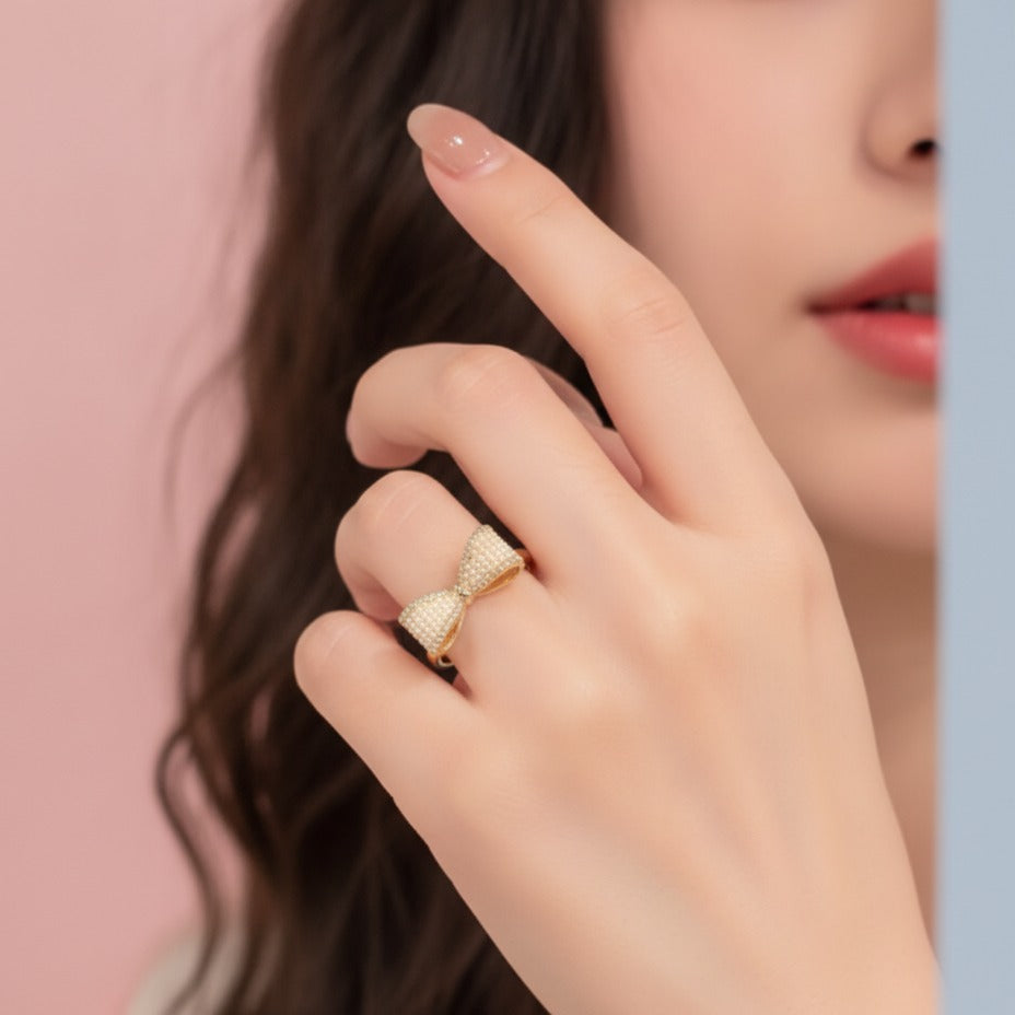 Pearl & Crystal Bow Ring - Gold