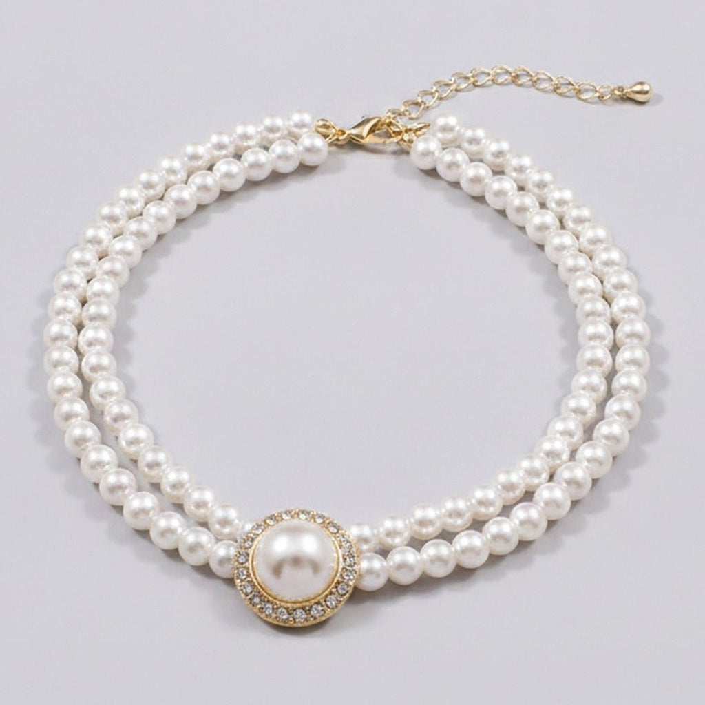 Double Strand Pearl Necklace with Rhinestone Pendant - 7# Necklace White Circle – jewelry (view 1)