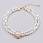 Double Strand Pearl Necklace with Rhinestone Pendant - 7# Necklace White Circle – jewelry (view 1)
