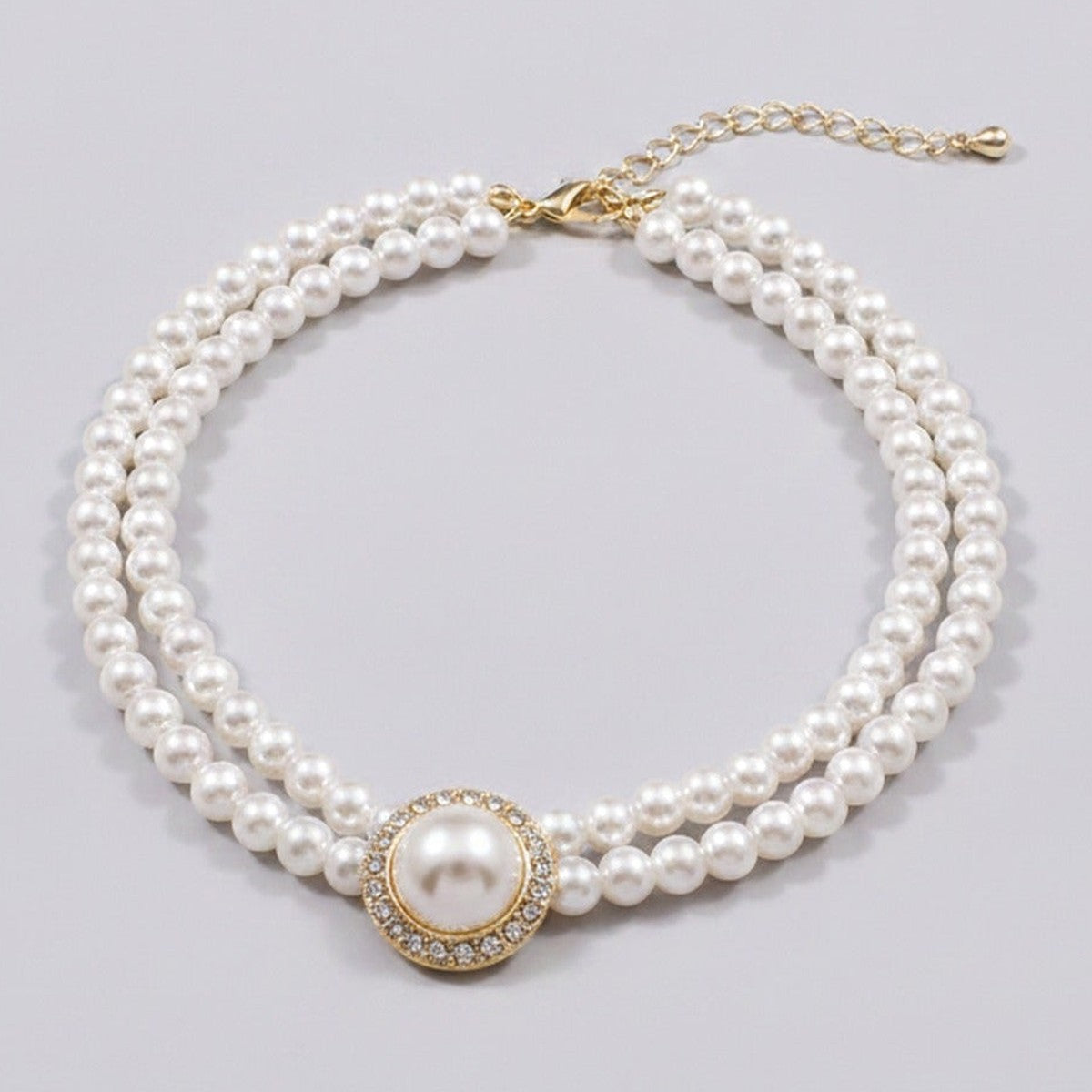 Double Strand Pearl Necklace with Rhinestone Pendant - 7# Necklace White Circle – jewelry (view 1)