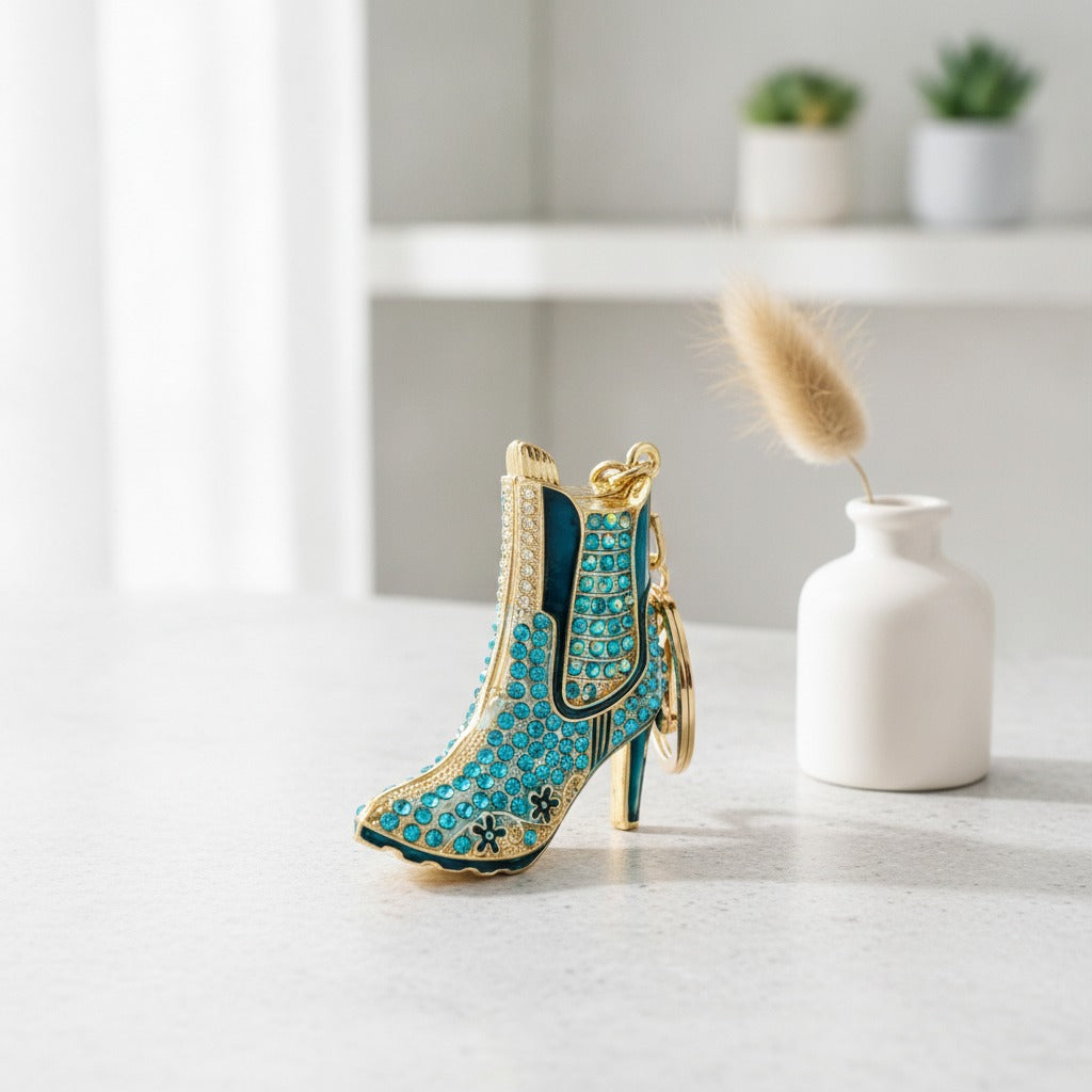 Rhinestone Cowboy Boot Keychain - Turquoise