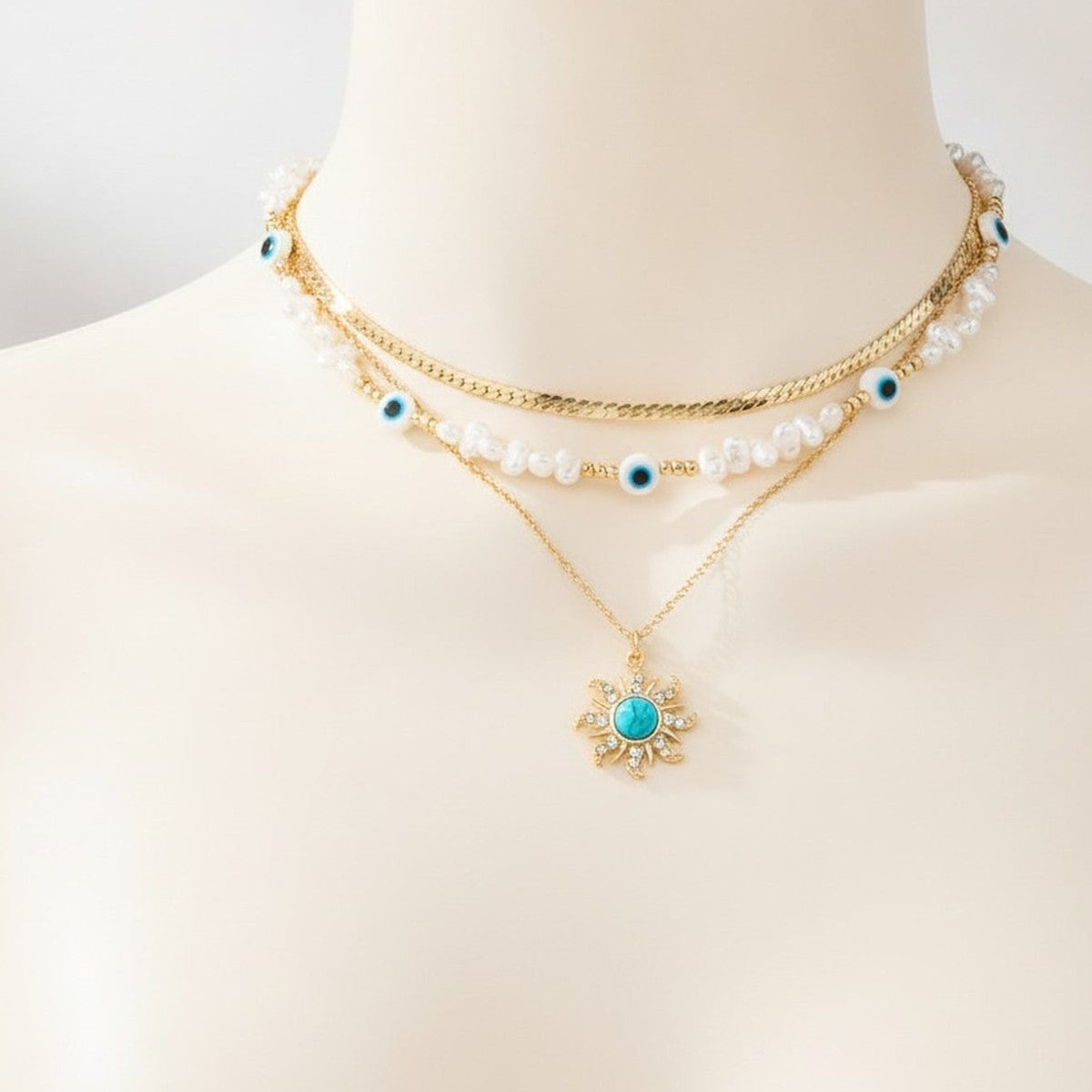 Layered Pearl Evil Eye Sun Pendant Necklace – jewelry (view 1)