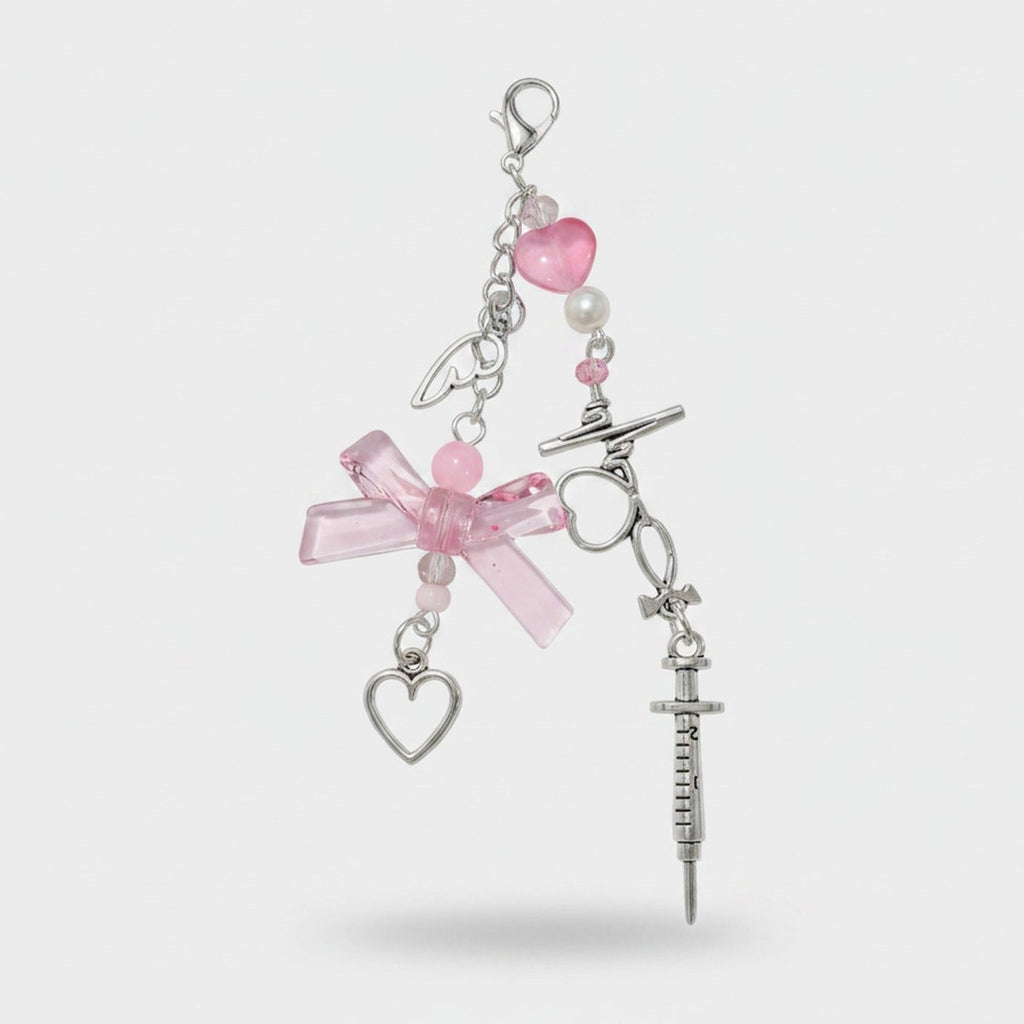 Pink Heart Bow Beaded Acrylic Keyring Charm – novelty & toys (view 1)