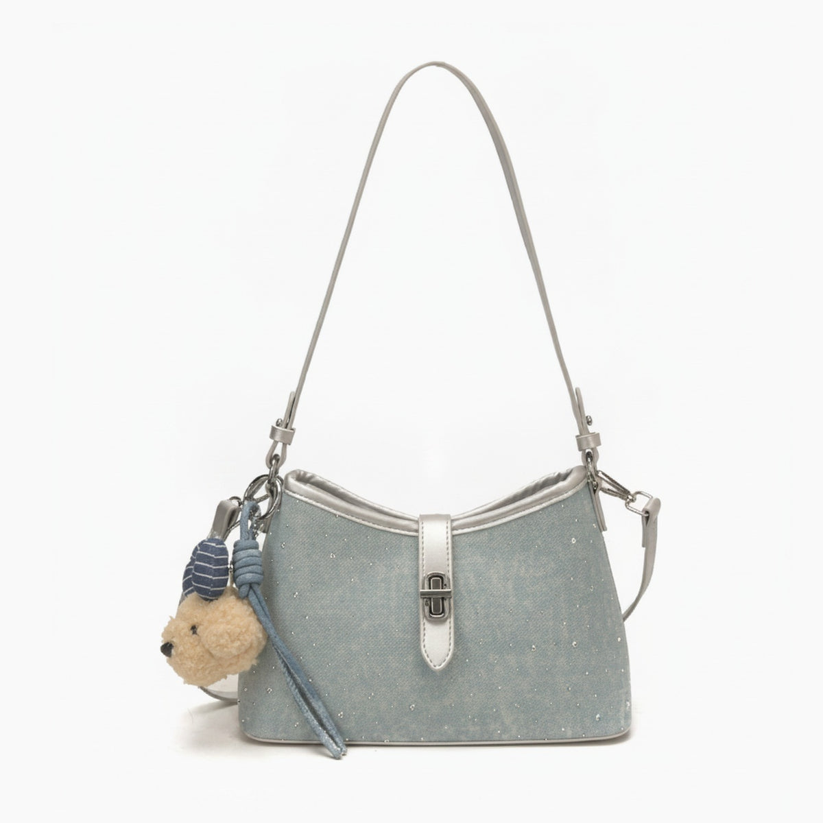Denim Shoulder Bag with Teddy Bear Charm – apparel accessories (view 1)