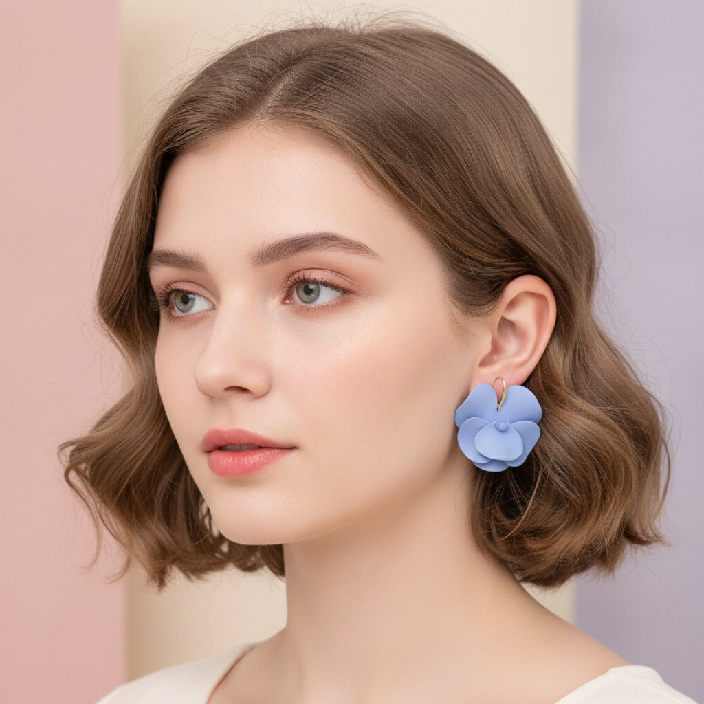 Puffy Flower Petal Dangle Earrings - Periwinkle