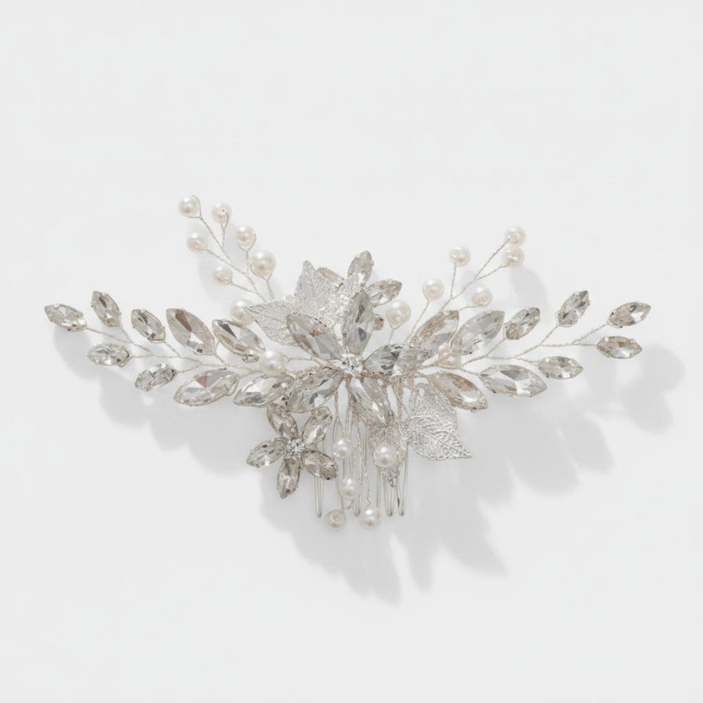 Crystal Floral Hair Comb Silver White Diamond