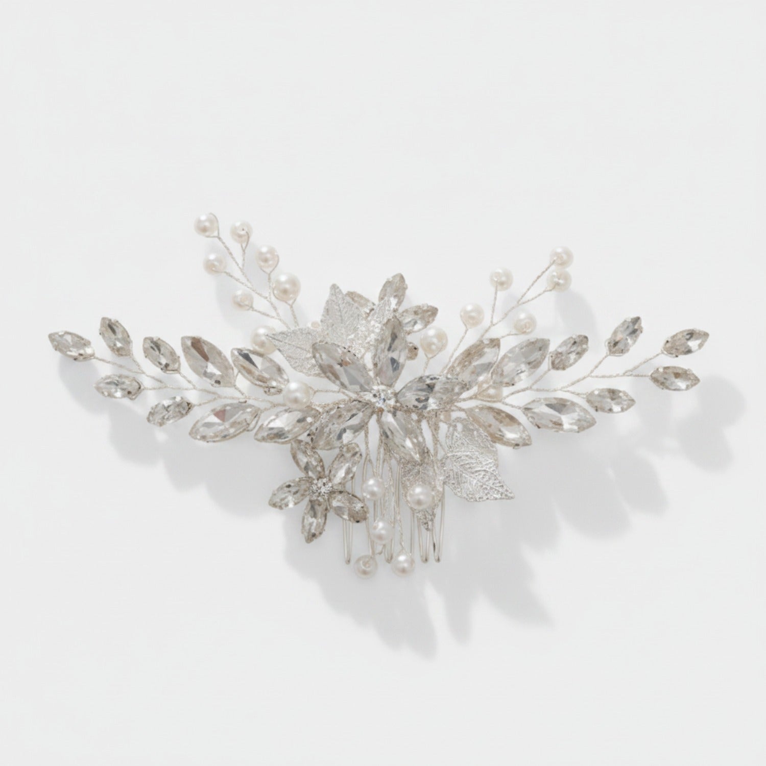 Crystal Floral Hair Comb Silver White Diamond