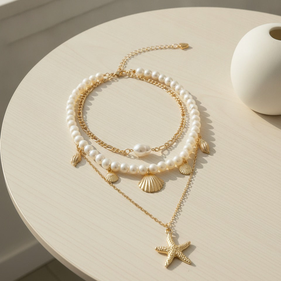 Beaded Ocean Charm Layered Necklace - Type 3