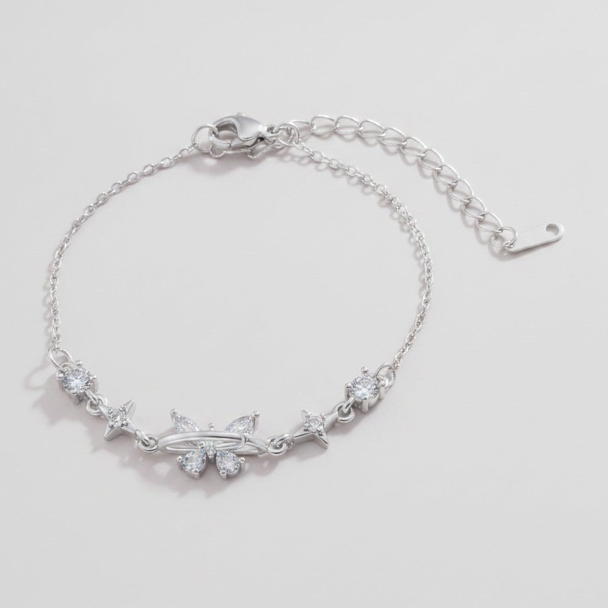 Crystal Star & Flower Chain Bracelet - White Diamond Butterfly Bracelet Silver E2948 – jewelry (view 1)
