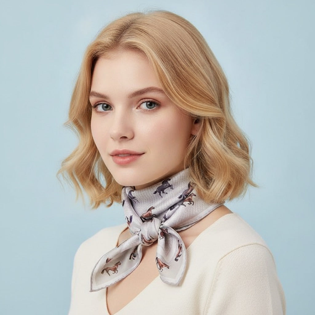 Equestrian Print Square Scarf - Cream & Chocolate