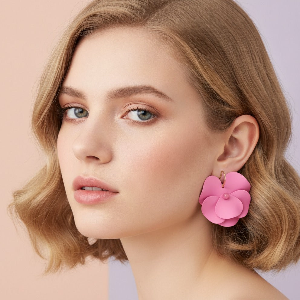 Puffy Flower Petal Dangle Earrings - Rose Red