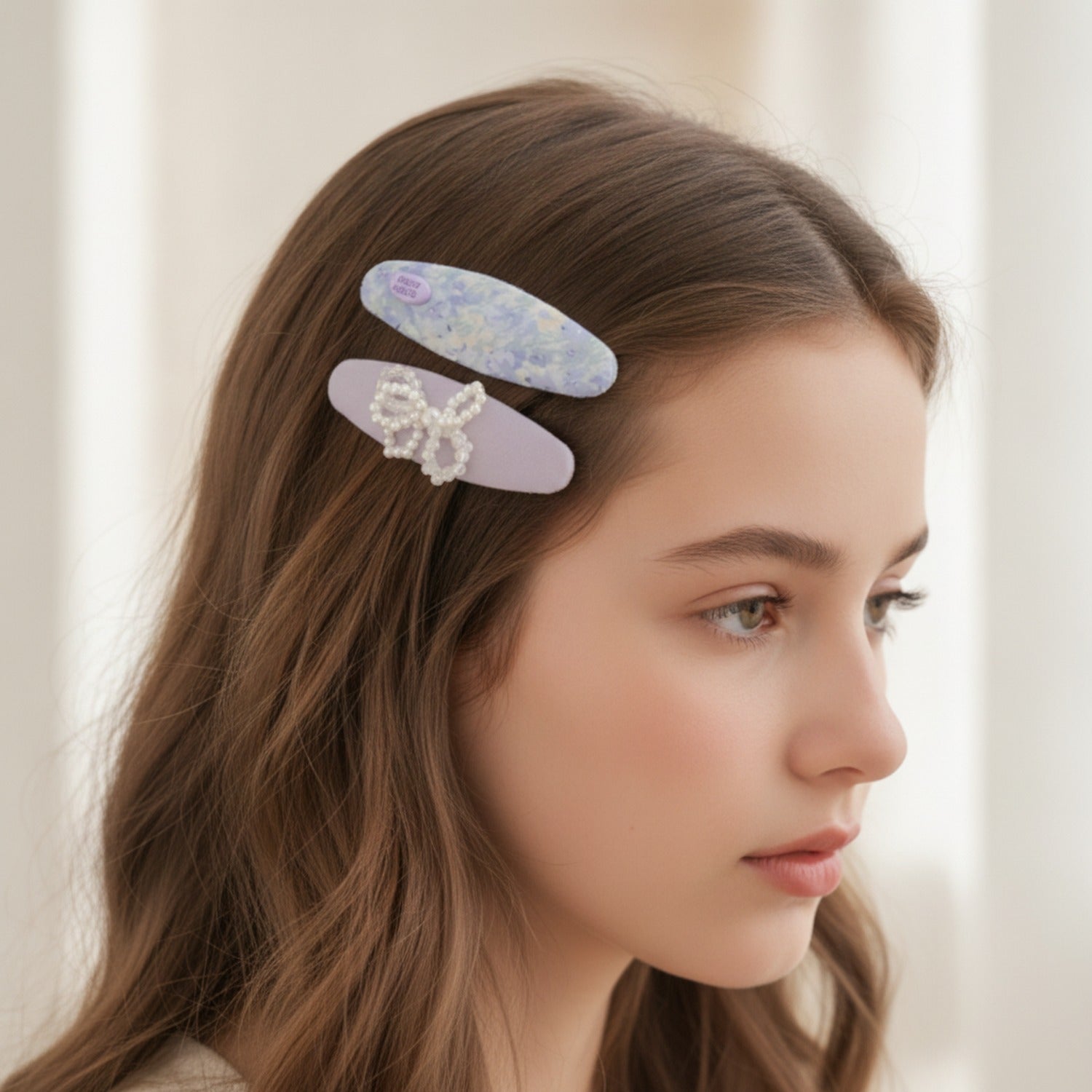 Watercolor Floral Pearl Hair Clip Set Purple Floral